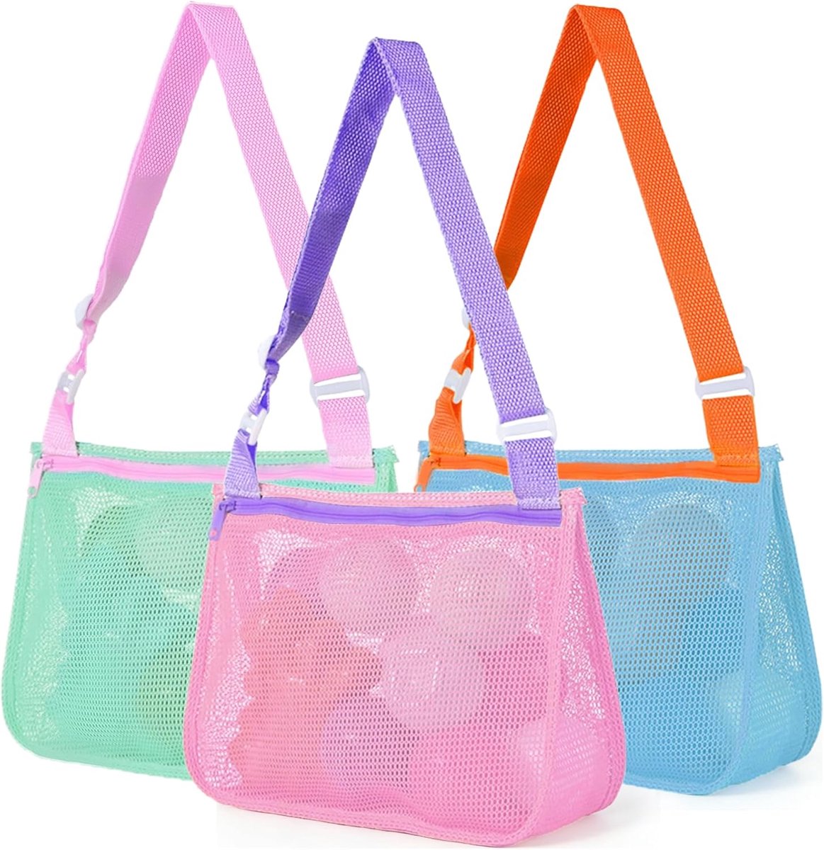 3-delige speelgoedtas, strandspeelgoed, tas voor het verzamelen van schelpen, speelgoedzakken, strand, net, zakken voor kinderen, zwembad, voor strand, zwembad, camping, reizen (A)