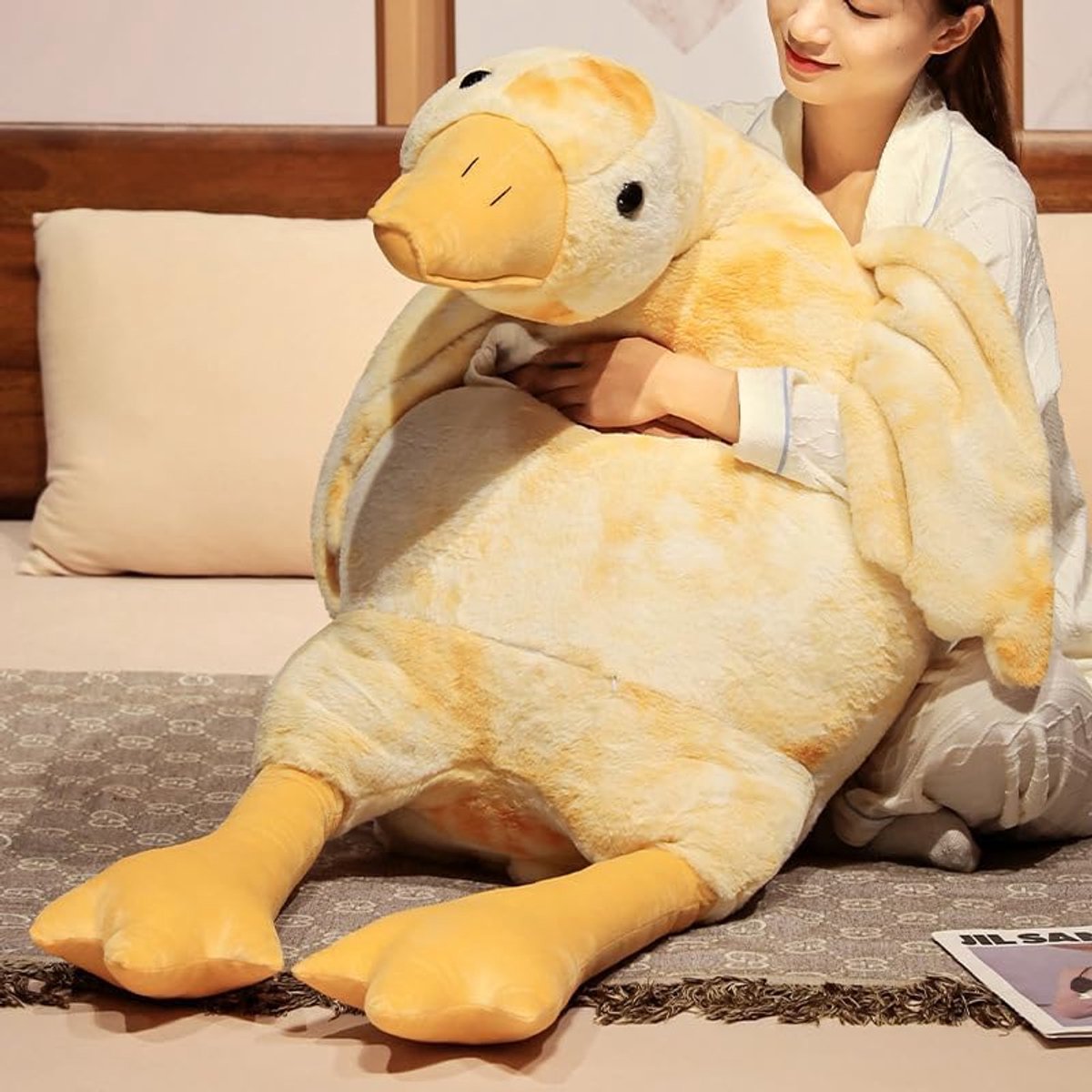 Pluche dieren, grote eend, pop, zacht knuffeldier, slaapkussen, kussen voor kinderen en meisjes, grijs, 130 cm