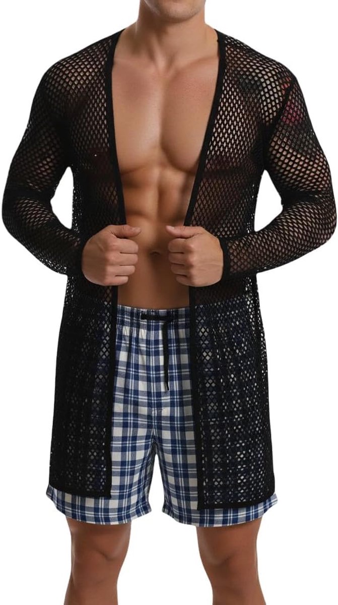 net cardigan - gedeeltelijk doorschijnende sexy ochtendjas met lange mouwen - zwart maat S