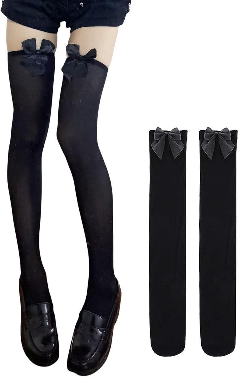 Kniekousen voor dames, wit, paar, strik, overknees, kousen voor dames, wit, Lolita ondoorzichtige overknee sokken, hoge sokken voor dames, sexy dijhoge sokken, witte kniekousen, strikkousen