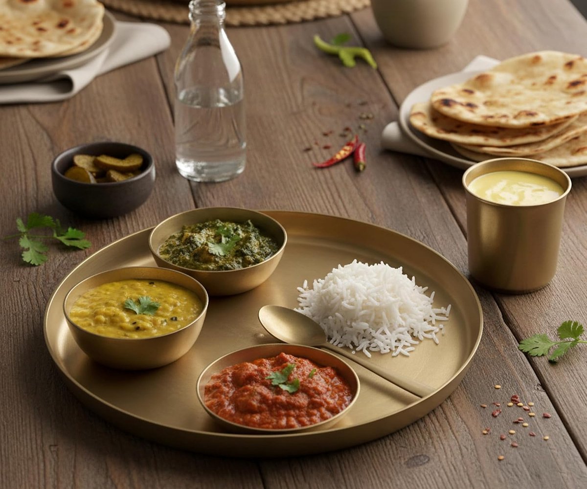 Kansa Dinerset – Brons Thali Set van 6 | 1 Bord, 2 Schaaltjes, 1 Glas, 1 Lepel & 1 Zoetschotel | Brons Bestekset voor Authentiek Indiaas Eetservies, Metalen Serviesgoed