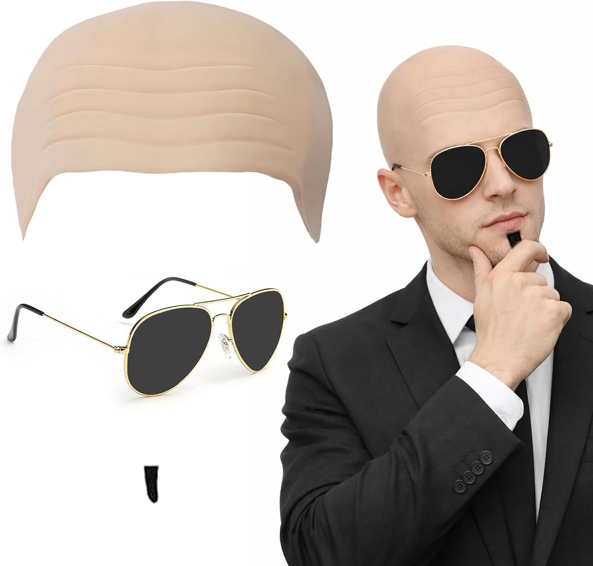 cosplay-set, kale hoofdhuid, coole zonneogen, klein stukje zwarte nepbaard, herenfeestkostuum