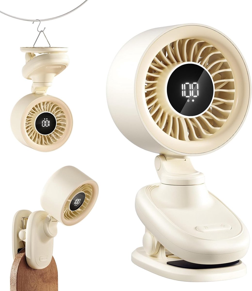 Kleine USB Tafelventilator met Clip – Mini Ventilator met Oplaadbare Batterij, Oscillatie, Timer, Traploze Snelheid & Fluisterstil – Clipventilator voor Bureau, Bed, Kantoor, Tafel & Kamperen