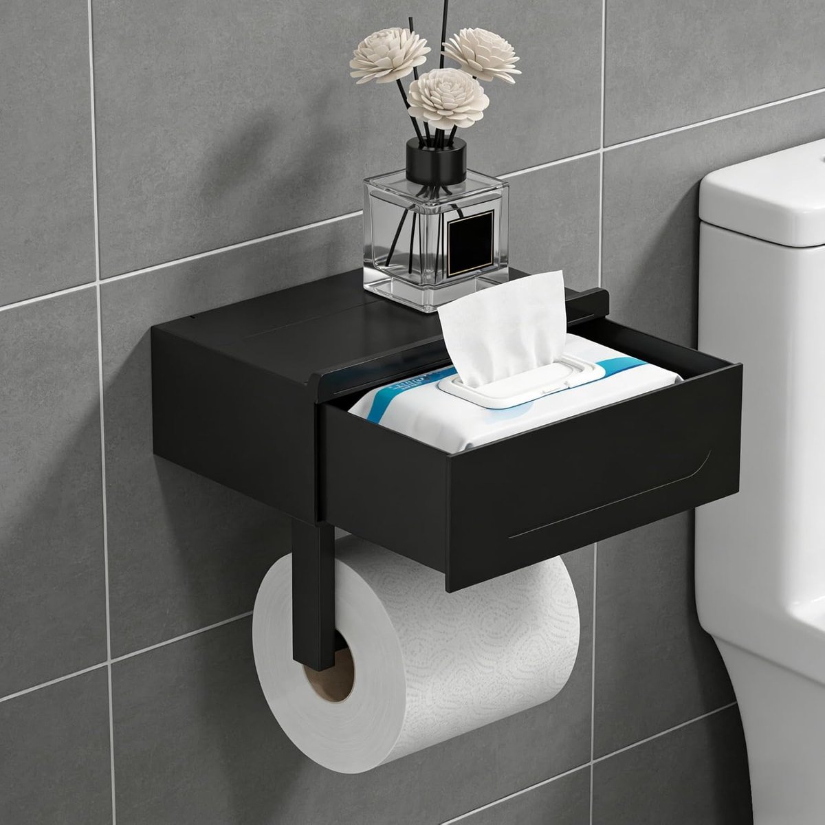 Toiletpapierhouder zelfklevend - zwart - met lade voor vochtige doekjes - eenvoudig te installeren - SnelShoppen