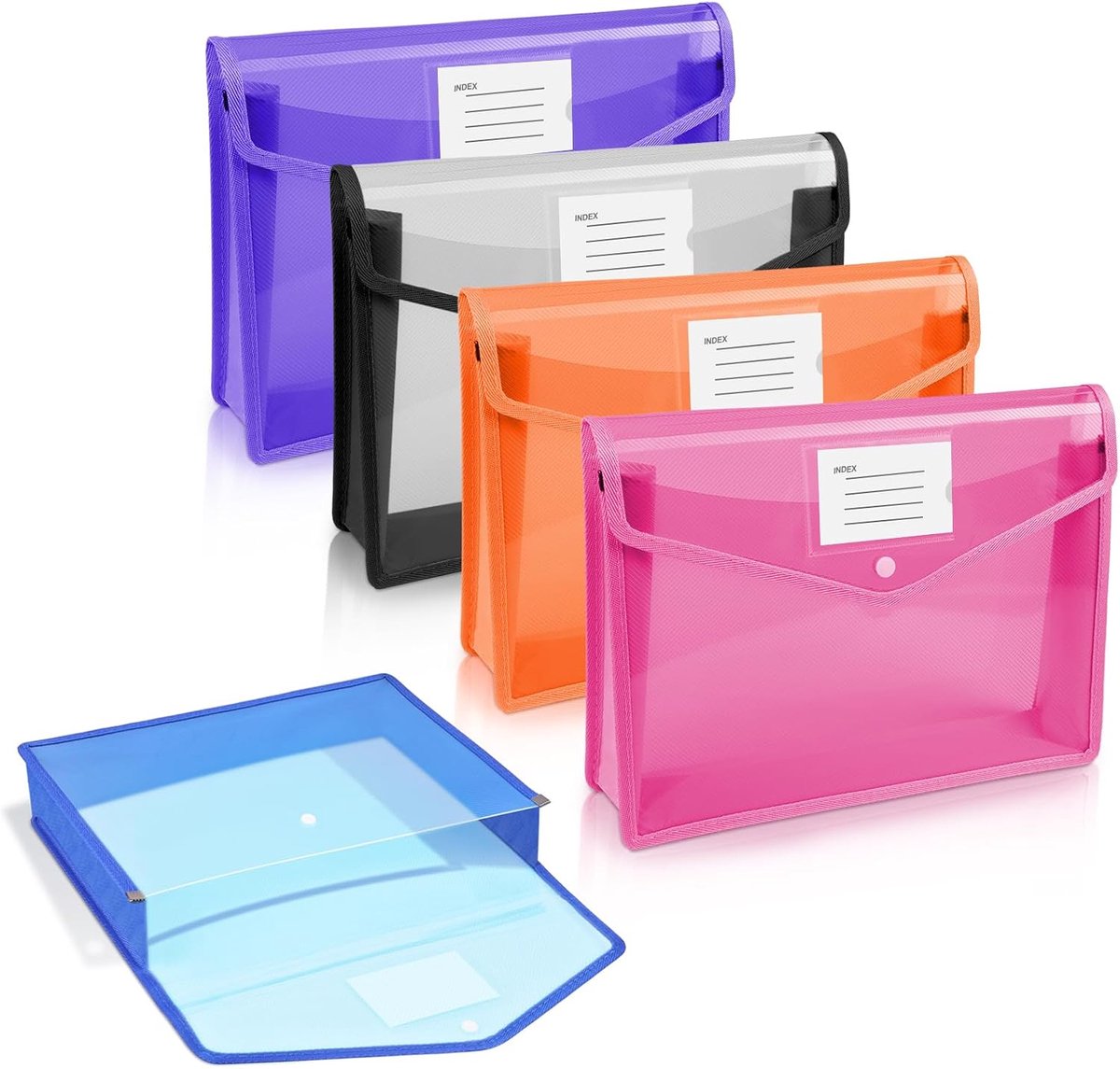 A5 plastic mappen, 5 stuks Horizontaal kader plastic document, bestanden envelop voor school, kantoor, met kliksluiting en kaartsleuf (Blauw paars wit roze oranje)