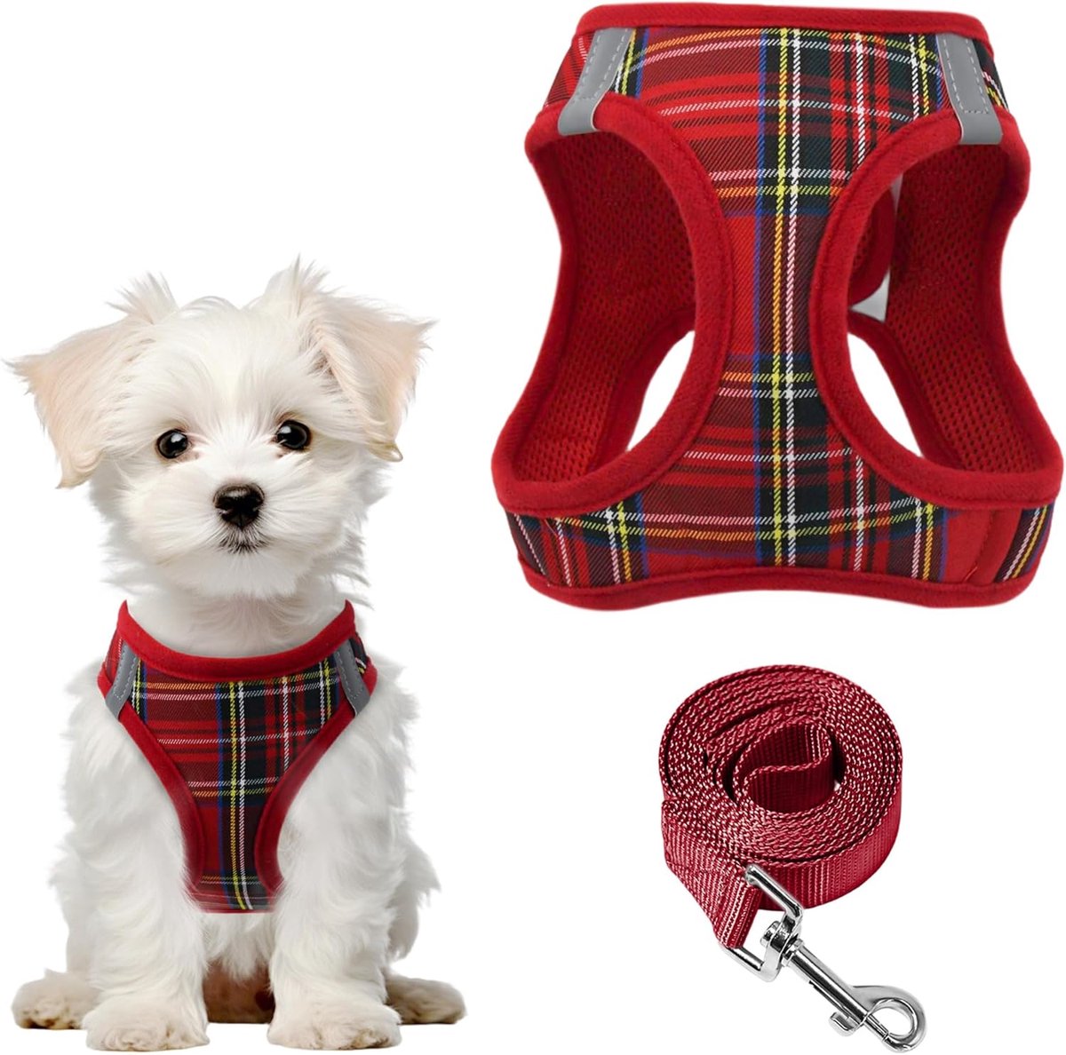 Hondentuigje voor kleine honden, step-in anti-trek, puppyharnas, superzacht mesh, hondenharnas, set ruitstrepen, reflecterend kattenharnas voor katten, chihuahua, rood, XXS