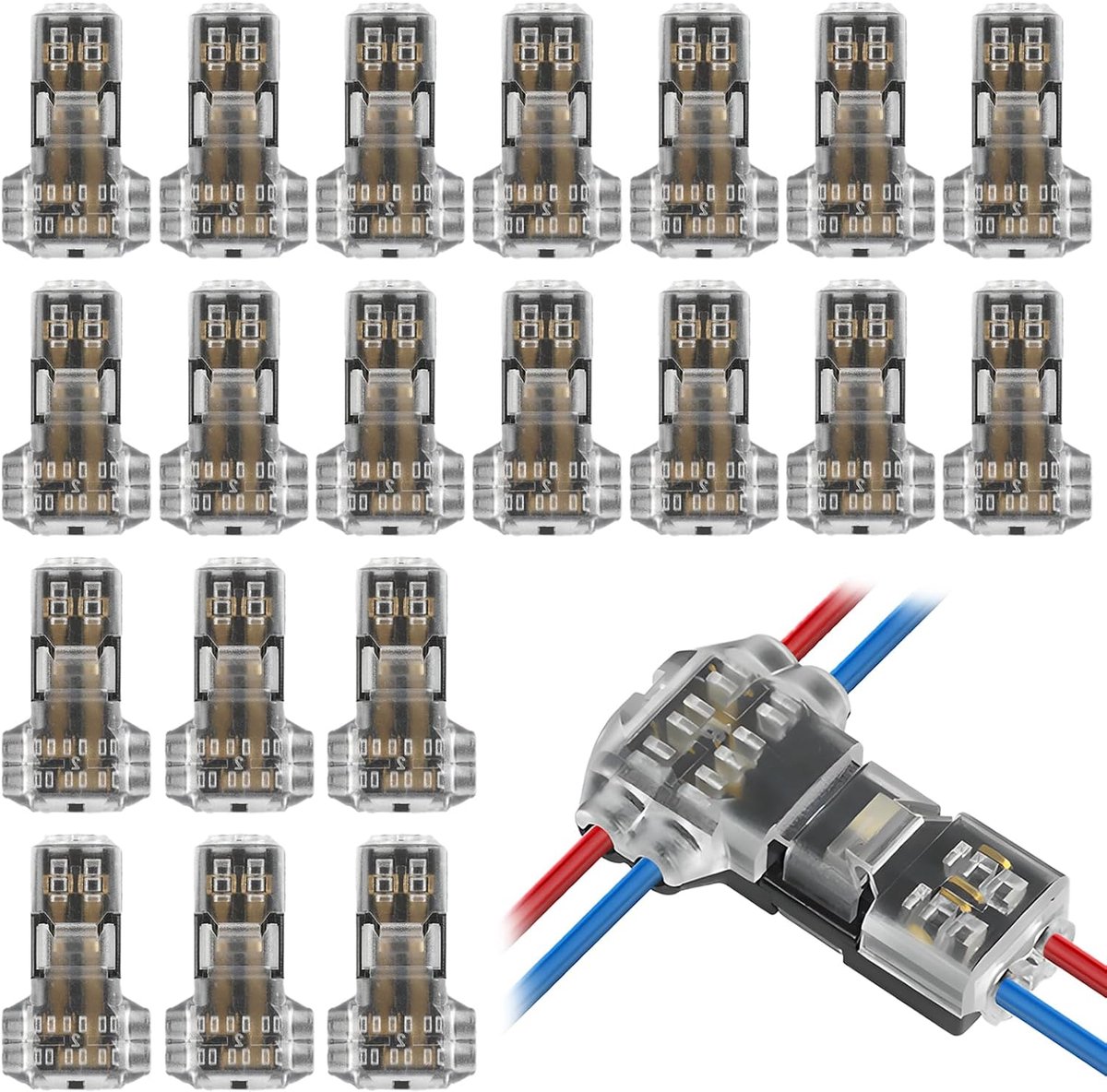 20 stuks T-verbinder laagspanning T-haak kabelverbinders, voor laagspanning 12V/24V, waterdichte T-aftakverbinders voor 20–22 AWG kabel, snelle verbinders zonder afisolatie voor auto, motor, LED