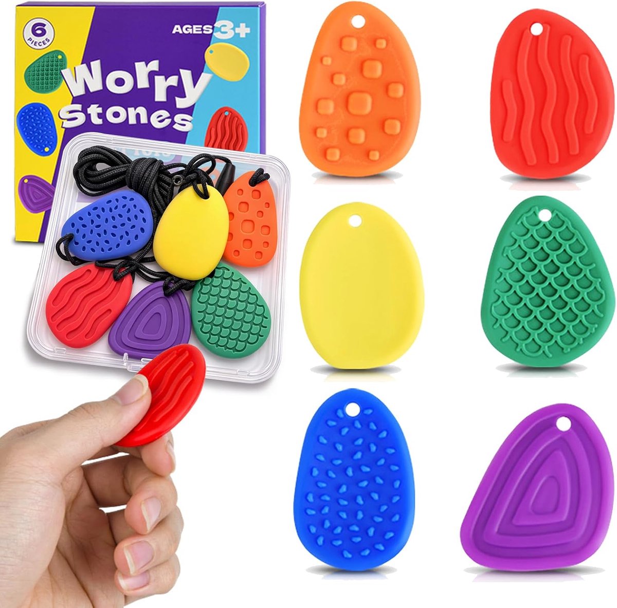 Toys Sensory Stones 6 stuks – siliconen sensorisch speelgoed met koord om op te hangen, tactiele anti-stress stenen voor kinderen en volwassenen, stressverminderend speelgoed voor school