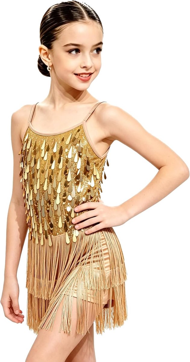 Meisjes pailletten franje danskostuum kinderen Salsa Rumba Latin danskleding set, sprankelende mouwloze kwastjes dans mini-jurk met shorts