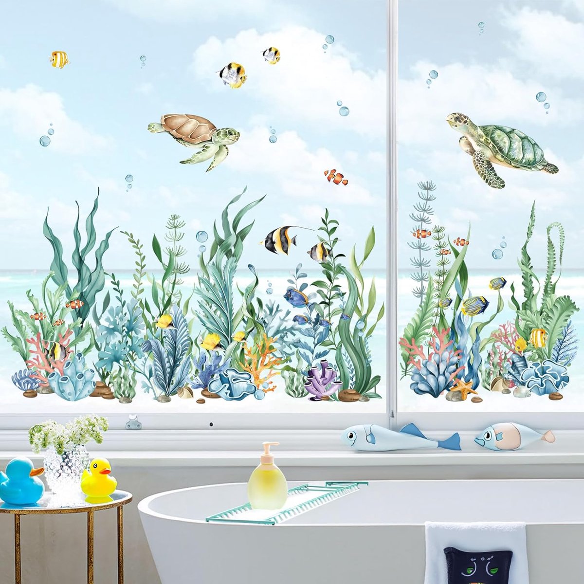 decalmile Raamsticker, onder de zee, dubbelzijdig, oceaan, gras, schildpad, vis, tegen botsingen, glas, venster, deuren