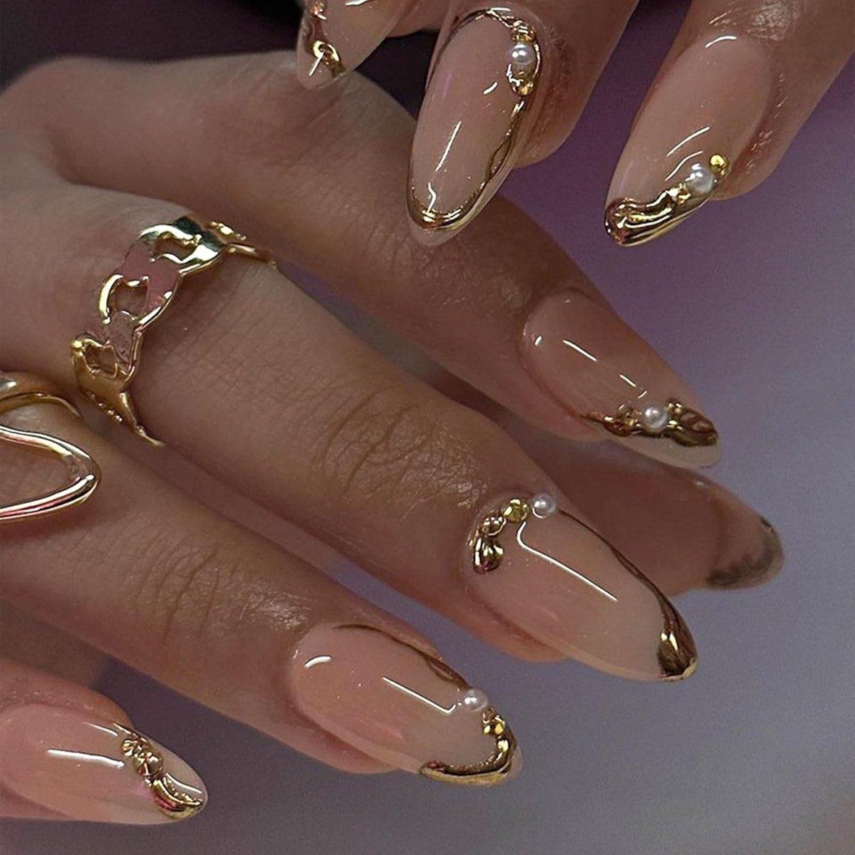 Set van 24 amandelnagels met goud, zachte gel Press-on nagels, set met gelei sticker, kunstnagels om op te plakken, voor stijlvolle vrouwen