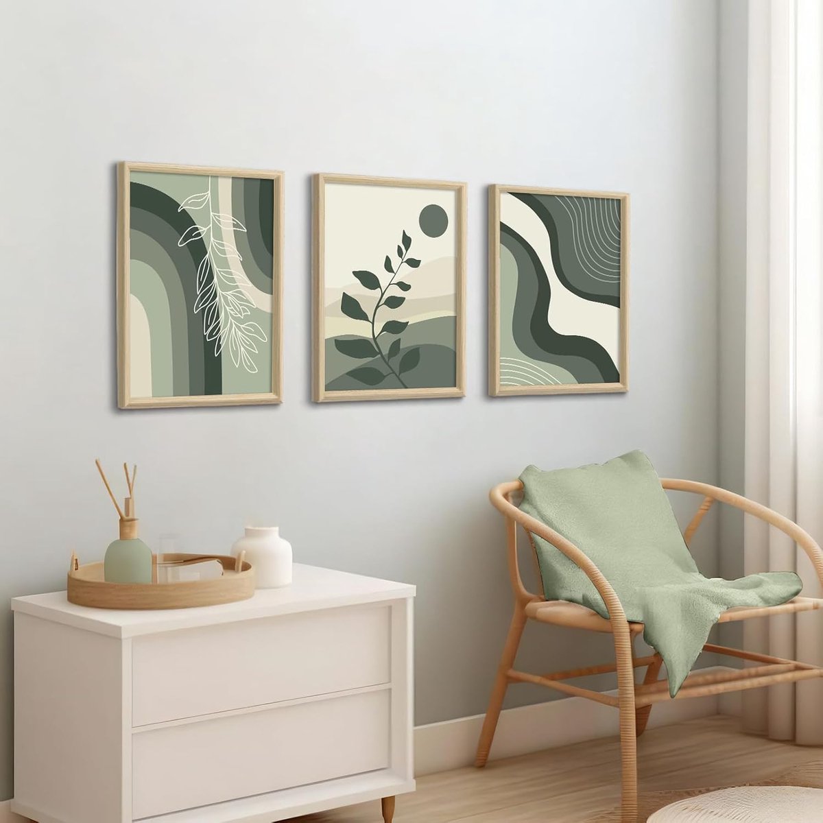 Canvas Muurkunst Ingelijst, Set van 3 Boho Abstract Geometrisch Canvas Foto's, Donkergroen Minimalistisch Botanisch Schilderij voor Woonkamer Slaapkamer Huis Muurdecoratie 30x40cmx3 — cadeau in Wonen & Interieur - foto 2