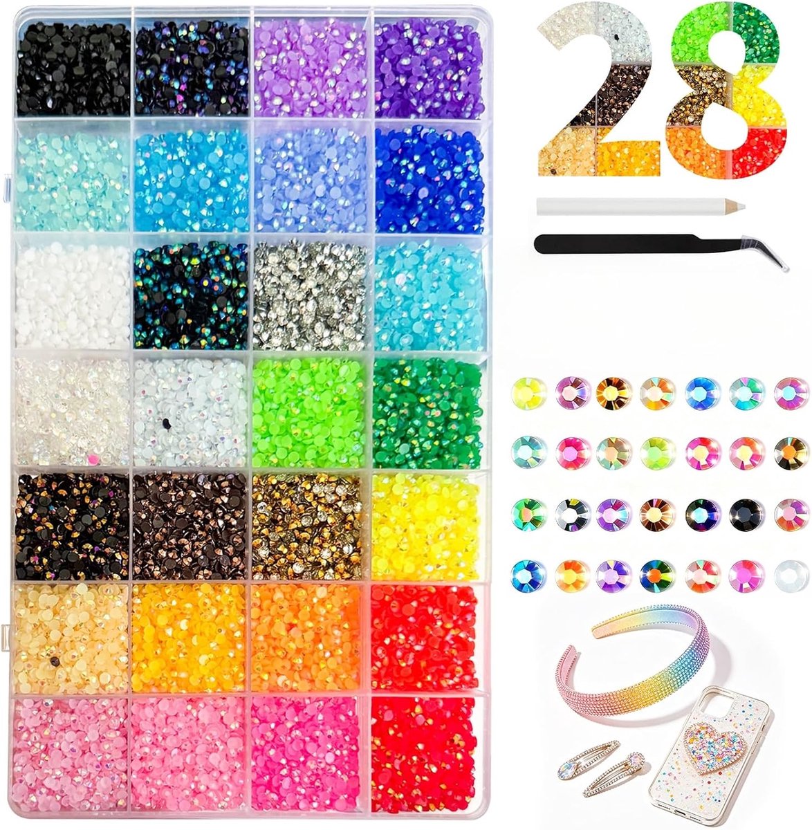 30.000 stuks platte nageldiamantset van hars, 3 mm, 28 kleuren, glinsterend, niet hotfix, kristallen edelstenen met wasstift en pincet, kristallen strass-steentjes voor nageldesign, gezichtsmake-up