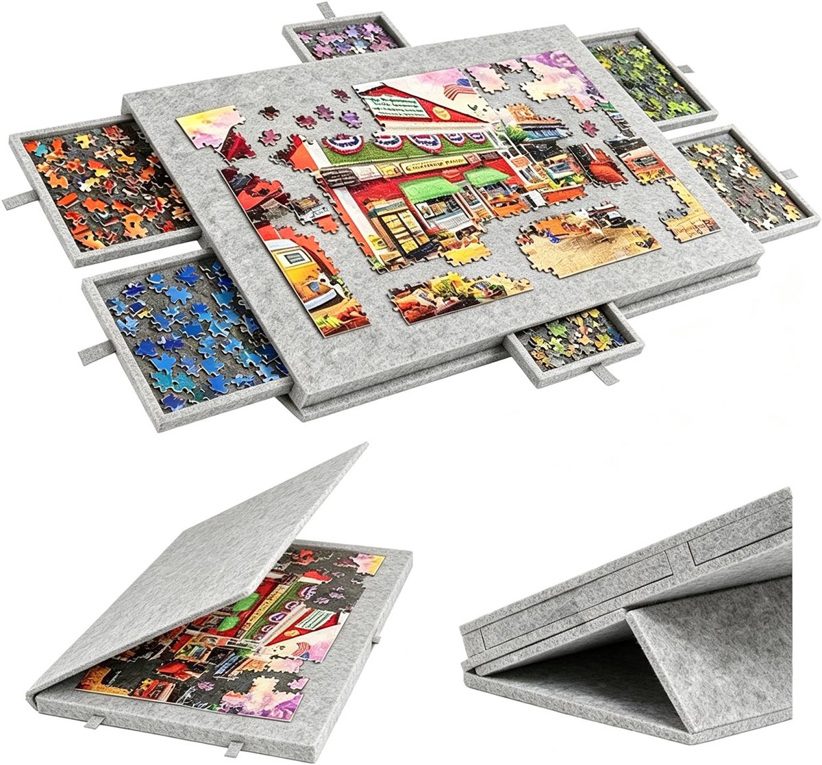 SnelShoppen - 2-in-1 Puzzelplank voor 1000 Stukjes, Inklapbare Puzzeltafel van Vilt met 6 Laden, Draagbare Puzzelmap voor Opbergen, Zilvergrijs voor T