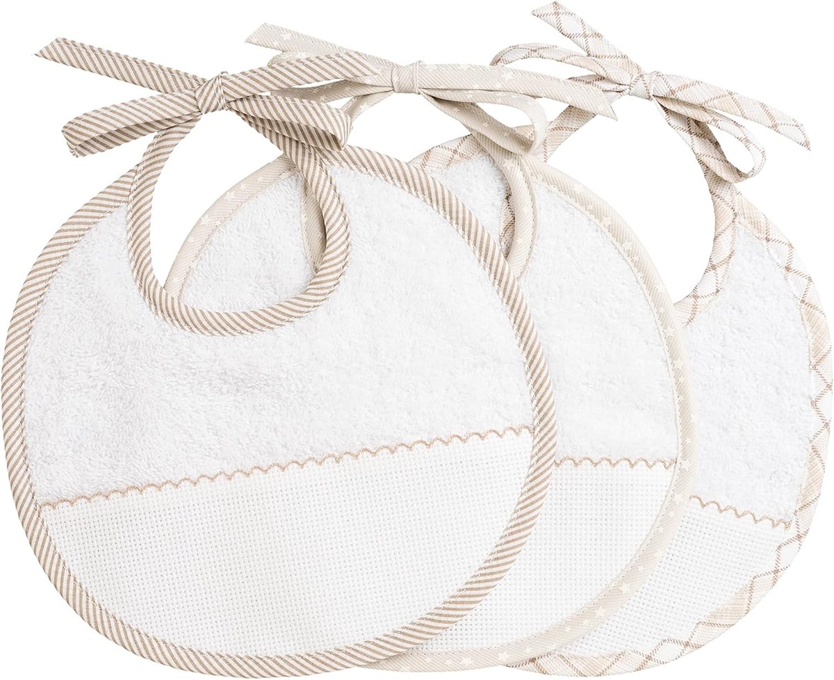 - Set van 3 ronde babyslabbetjes voor pasgeborenen van witte katoenen spons met zak van Aida-stof om te borduren, beschermt jurken tegen vorst, oprispingen en speeksel, wit en beige