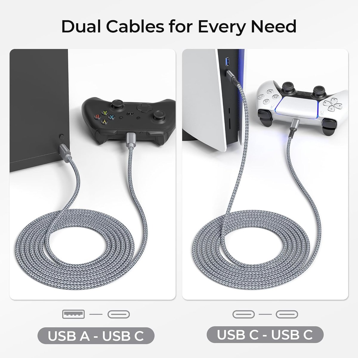 USB A naar Type C Oplaadkabel voor PS5/PS5 Pro Controller | Xbox Series X/S,USB C Kabel Snelle Laadkabel 2 Pack 3M voor Elite Series 2,Nintendo Switch 2/OLED,PlayStation 5 DualSense