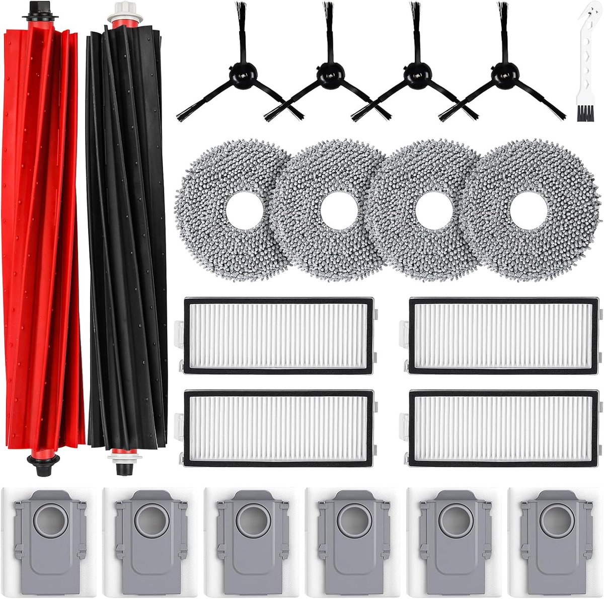 21-delig accessoireset voor Roborock Qrevo Master/Qrevo Slim robotstofzuiger, 2 rubberen hoofdborstels, 6 stofzakken, 4 HEPA-filters, 4 schoonmaakdoeken, 4 zijborstels, 1 reiniging