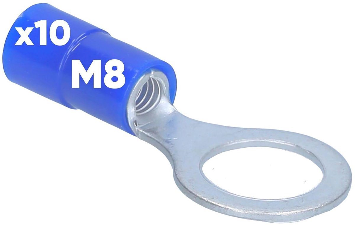 10x Ringkabelschoen 1,5-2,5mm² - M8 Kabelschoen Blauw - Koperen | Gedeeltelijk geïsoleerde knelverbinder met PVC-kraag voor elektrische verbindingen, kabelconnector geschikt voor krimptang