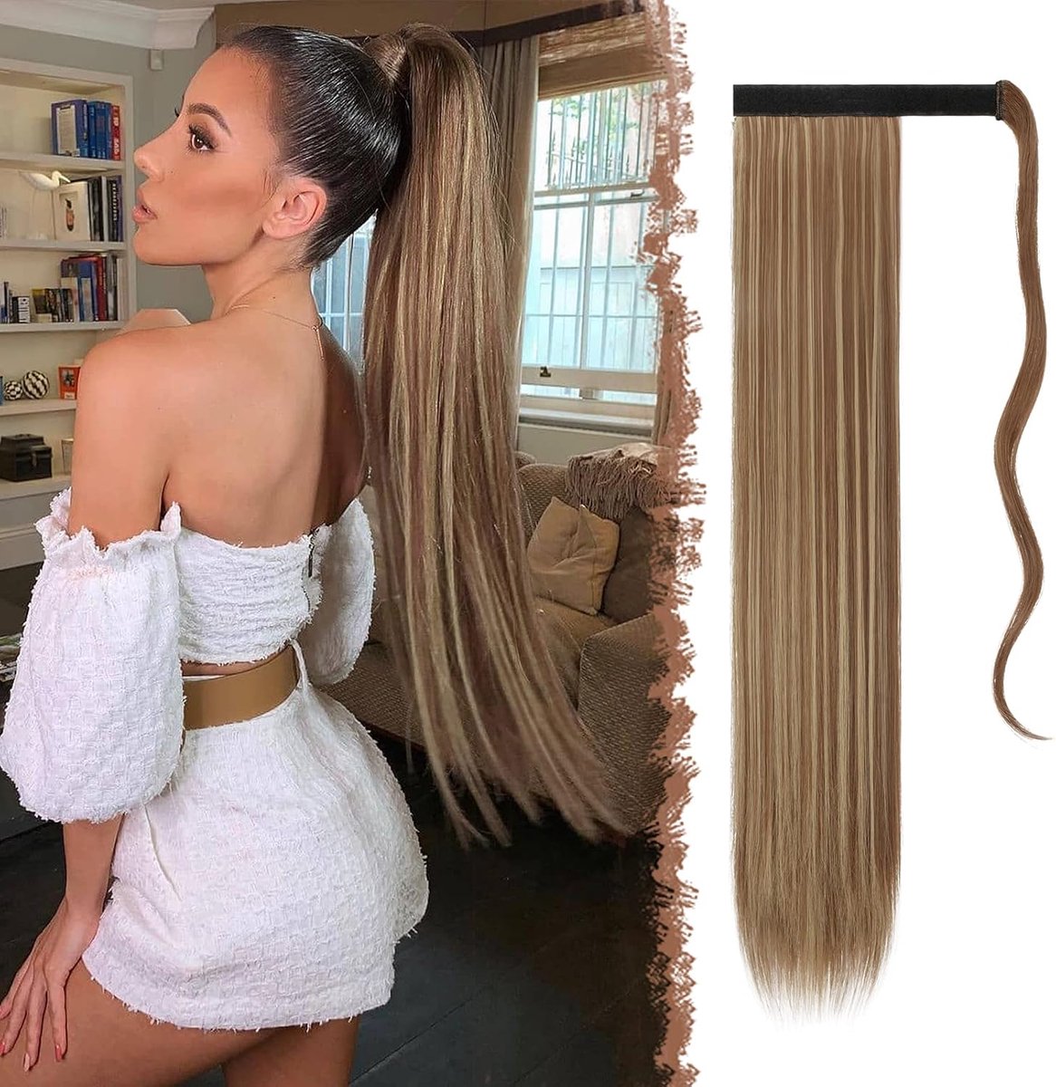 Rechte Lange Paardenstaart Extensions - Bruin en Blond Clip in Ponytail Hair Extension Synthetisch Haarstukje Haarextensies voor Vrouwen, 70cm