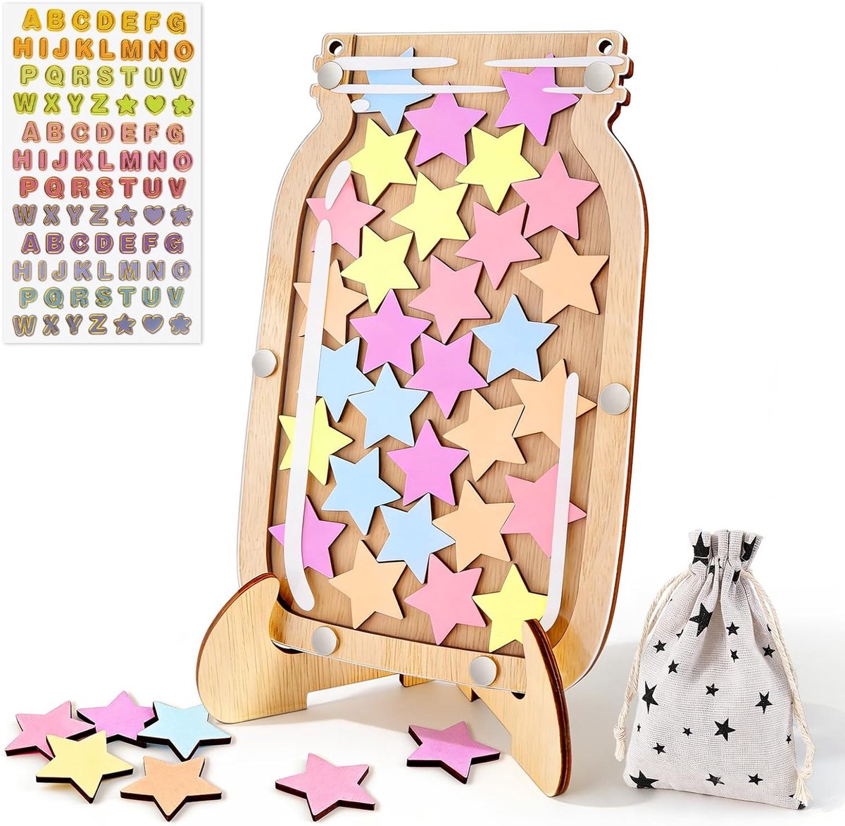 Beloningsglas voor kinderen, magnetisch, 30 sterren, beloningssysteem, basisschool voor verantwoordelijkheid, 20 x 13 cm, reward pot met houten houder, takenplanner, weekplanner voor routine, gedrag