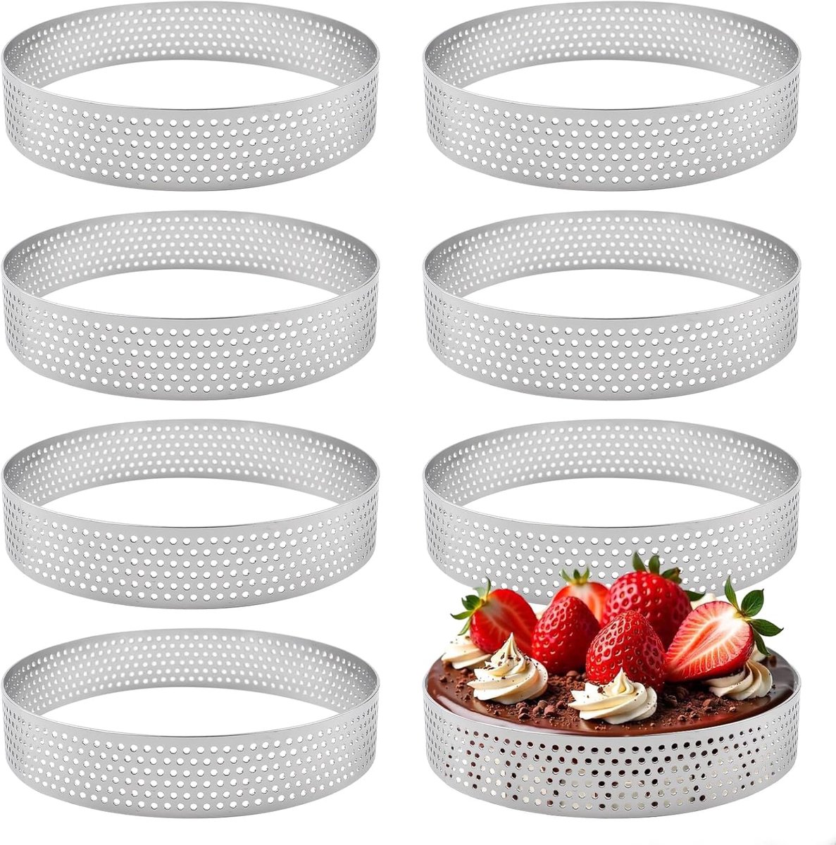 8 stuks dessertringen, diameter 10 cm, mousse tarteletvormpjes met gaten, roestvrijstalen taartring voor doe-het-zelf desserts en bakcreaties