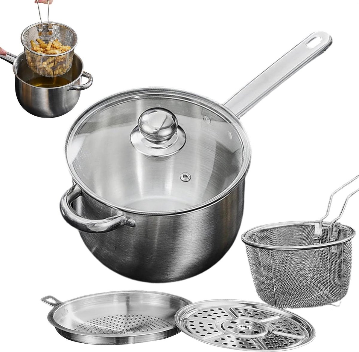 Frituurpan met Mand - Frituurpot Braadpan - Snacks Bereiden - Roestvrij Staal - 19.5 cm Diameter - Zilver