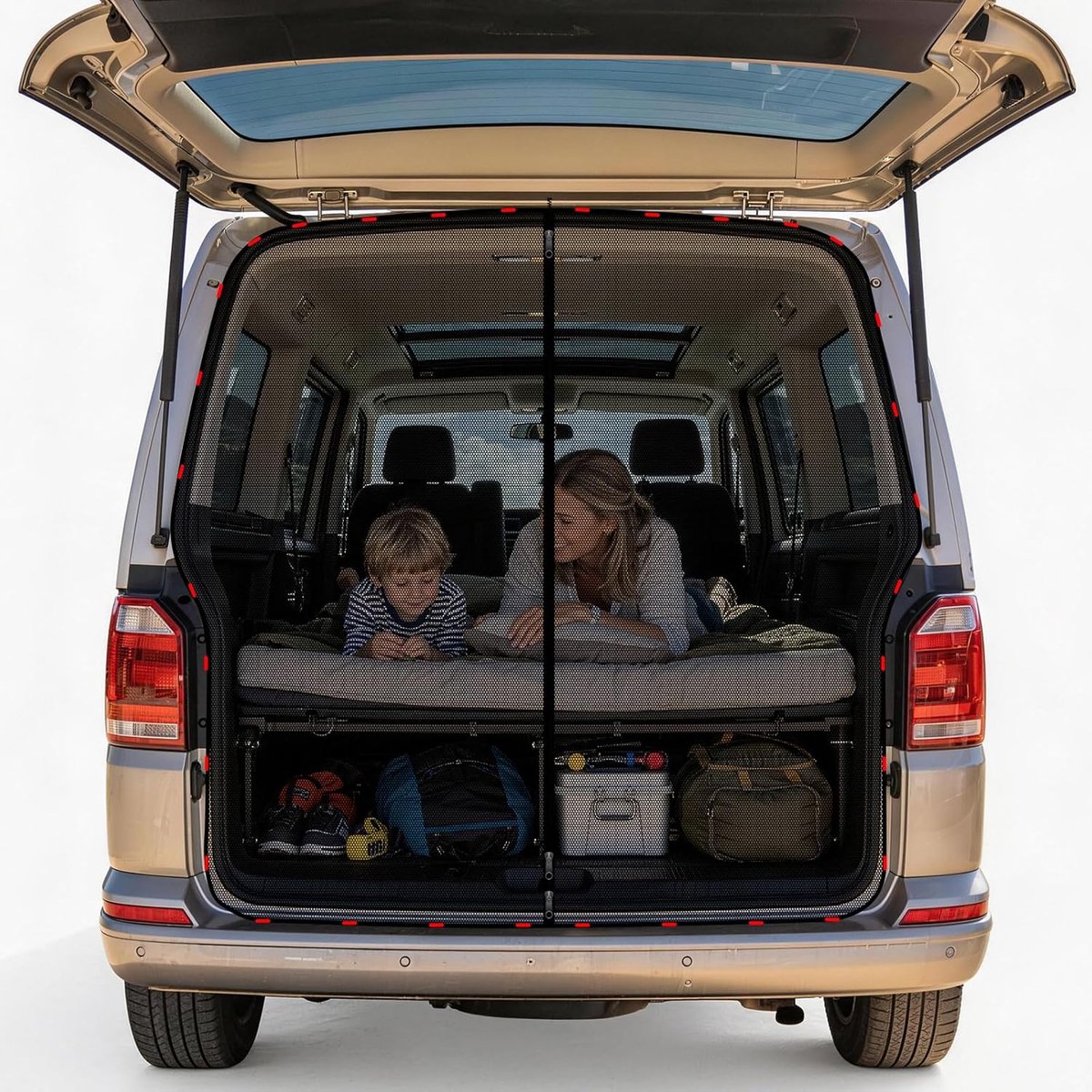 Magnetisch muggennet voor VW T5 T6 achterklep, insectenbescherming en ventilatie, 3 ritssluitingen, flexibele opening, montage zonder gereedschap, vliegengaas, achterdeur, camping