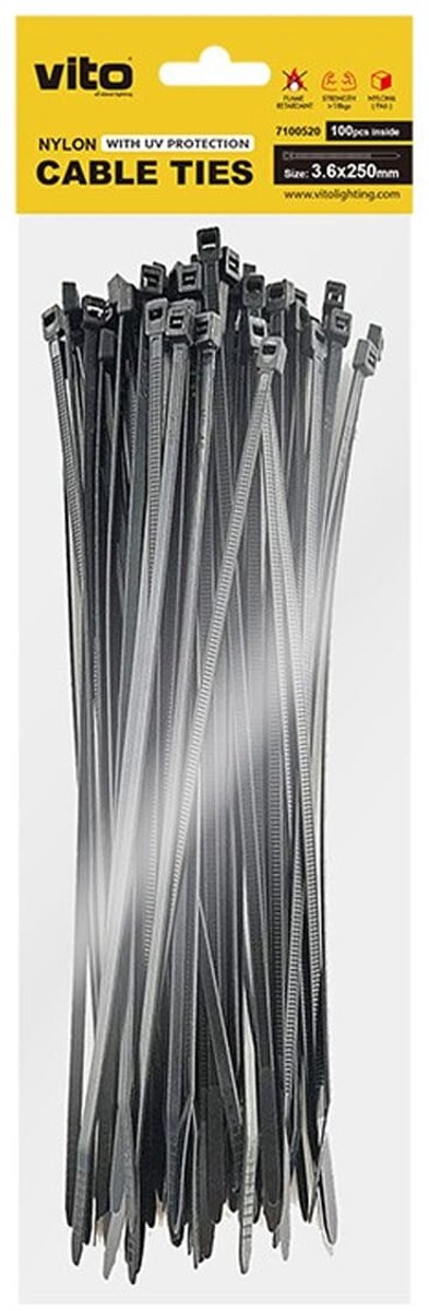 VITO Kabelbinder 3.6x250mm - Zwart - Met UV-bescherming - 100 stuks - duurzame Kabelklem - Voor buitengebruik en langdurige bevestiging