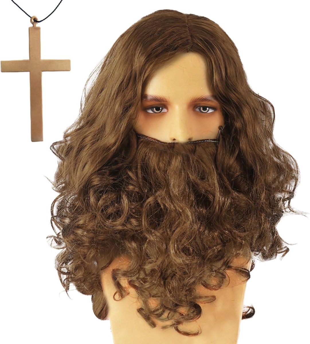 Pruik voor heren, baard en kruis, halsketting, lange bruine pruik voor heren en dames, cosplay, Halloween, kostuum, magiër, pruiken voor mannen, themafeest, carnaval, bruin
