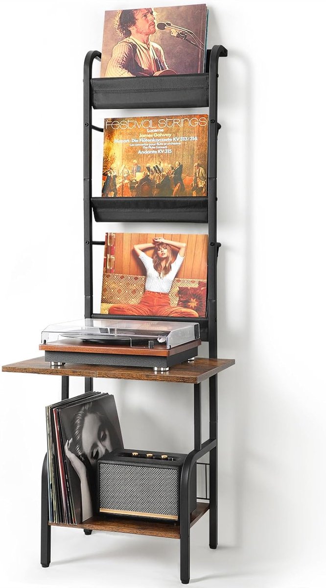 Vinyl Platenkast met Platenhouder – Platenspeler Meubel met Opbergrekken voor 200 LP’s, Vinyl Display Rek en Opslagmeubel voor Platenspeler en LP’s