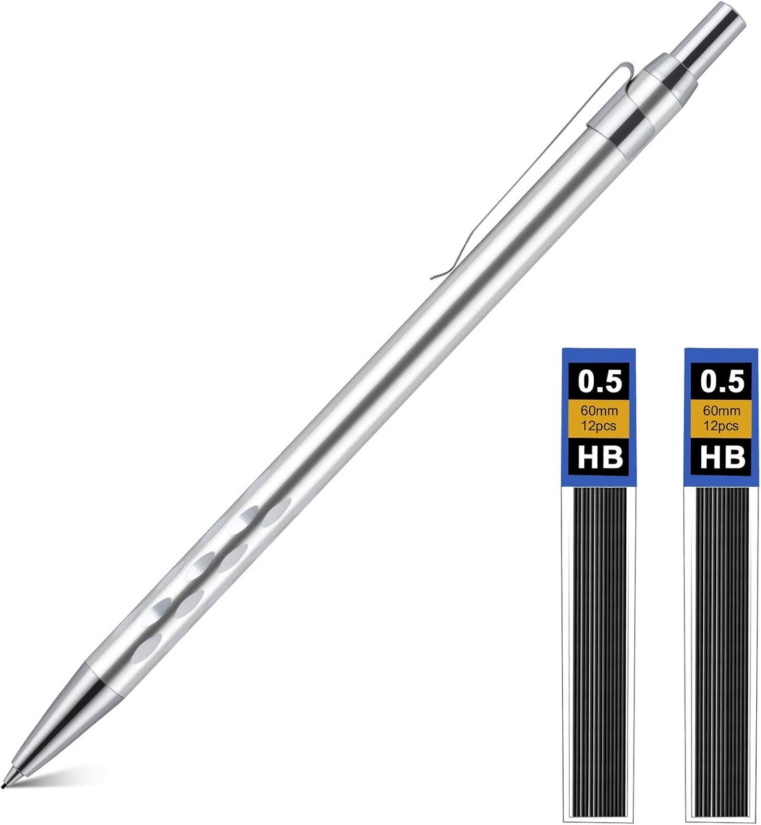 Metalen mechanische potlood 0.5 mm met 2 HB navullingen voor kinderen en studenten, ideaal voor tekenen, schetsen en illustreren.