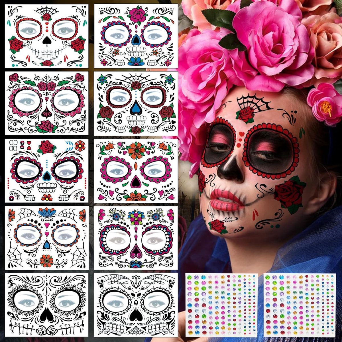10 vellen Halloween gezichtstattoo, Dag van de Doodshoofd, Skelet Tatoeages, Kinderen Volwassenen Gezichtsstickers, Halloween Dames Heren Dia De Los Muertos Mexicaans Kostuum Accessoires