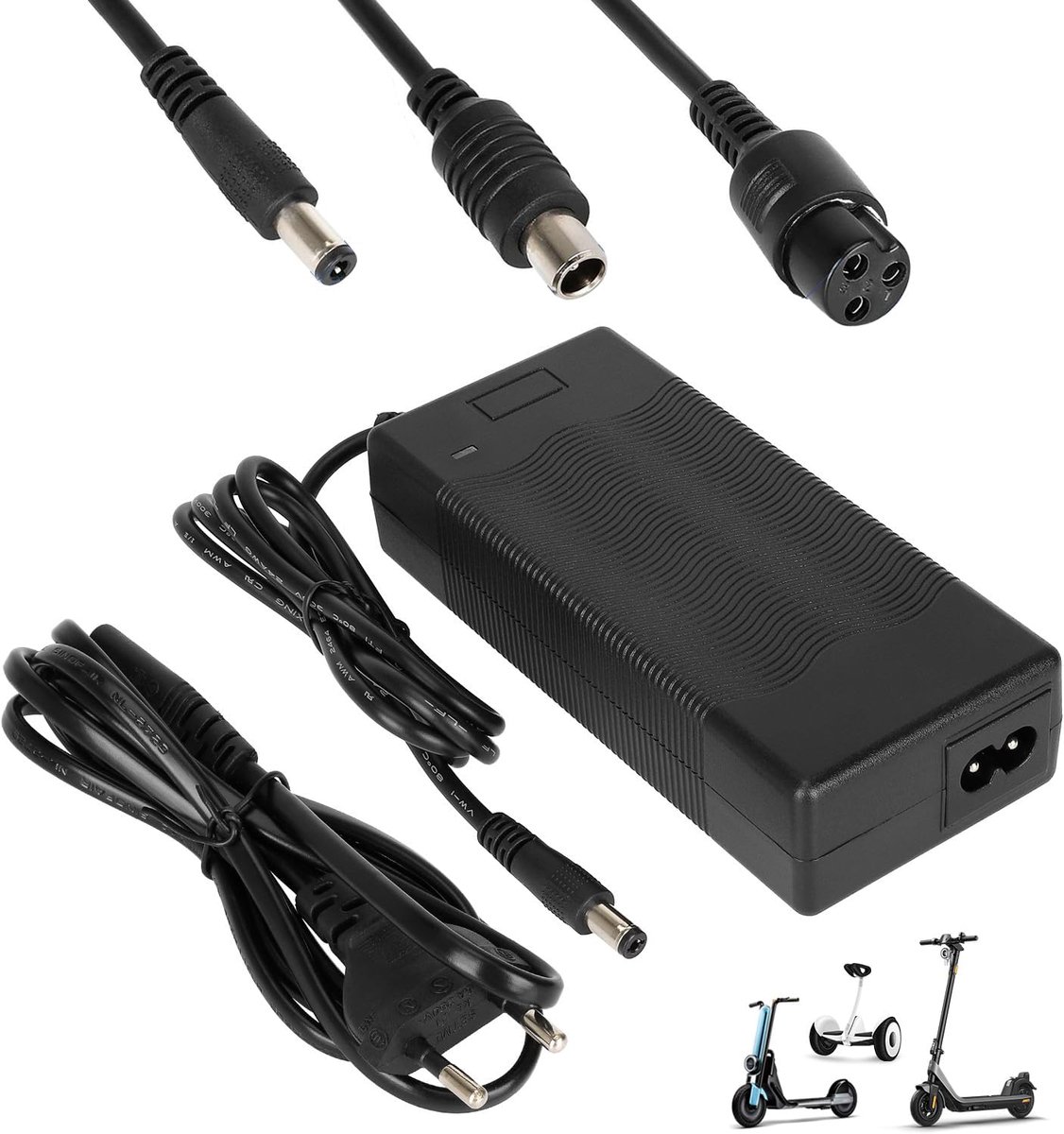 Oplader voor scooter, 42 V 2 A elektrische scooter oplader, hoverboard oplaadkabel, 36 V universele lithiumaccu opladers met 3 aansluitingen, voor scooters, e-bike-acculading, EU-oplader