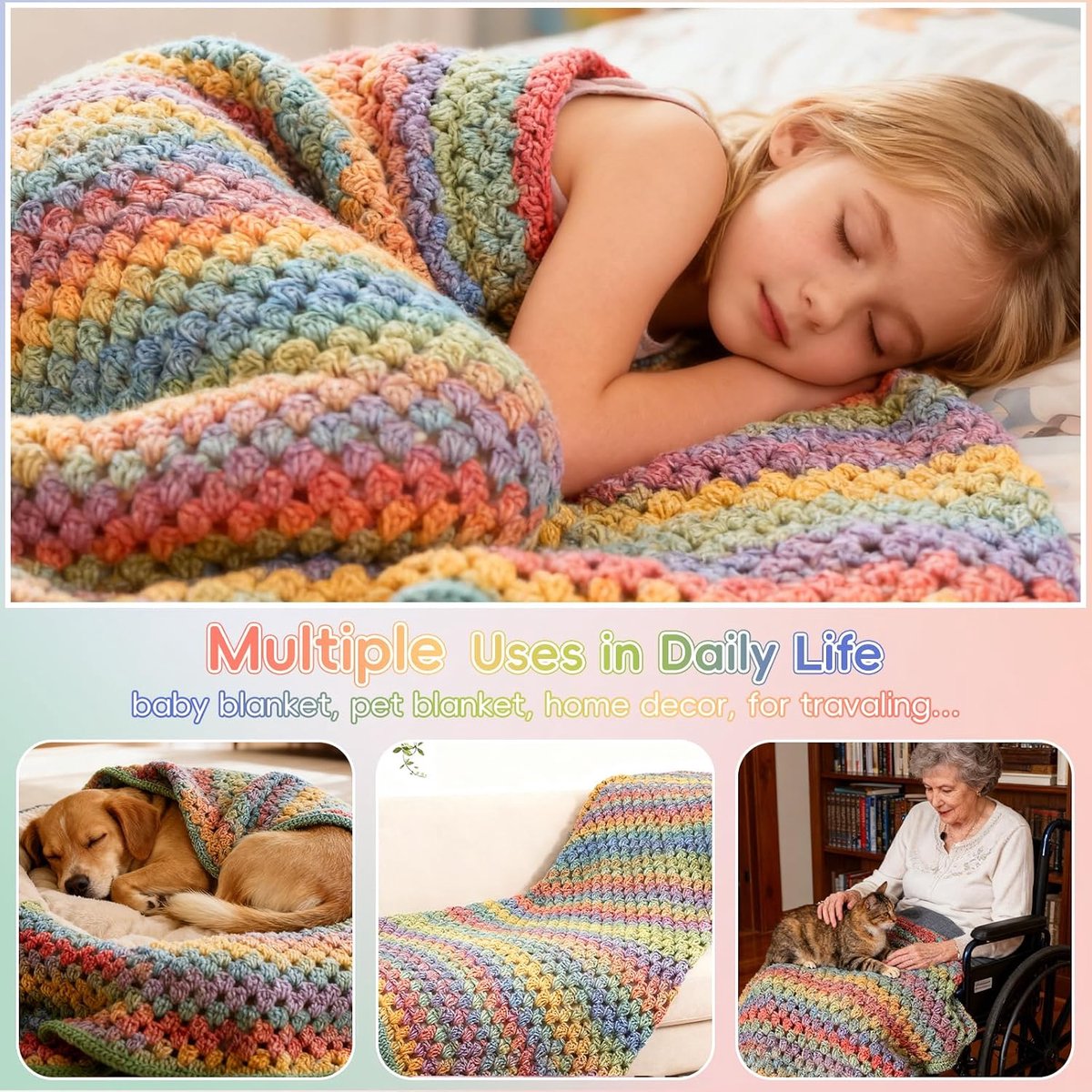 Haakset voor deken voor beginners, supereenvoudige haakset voor deken met zachte en kleurrijke gradiëntgarens, gedetailleerde videotutorials, haakaccessoires, regenboogverloop en ideaal cadeau