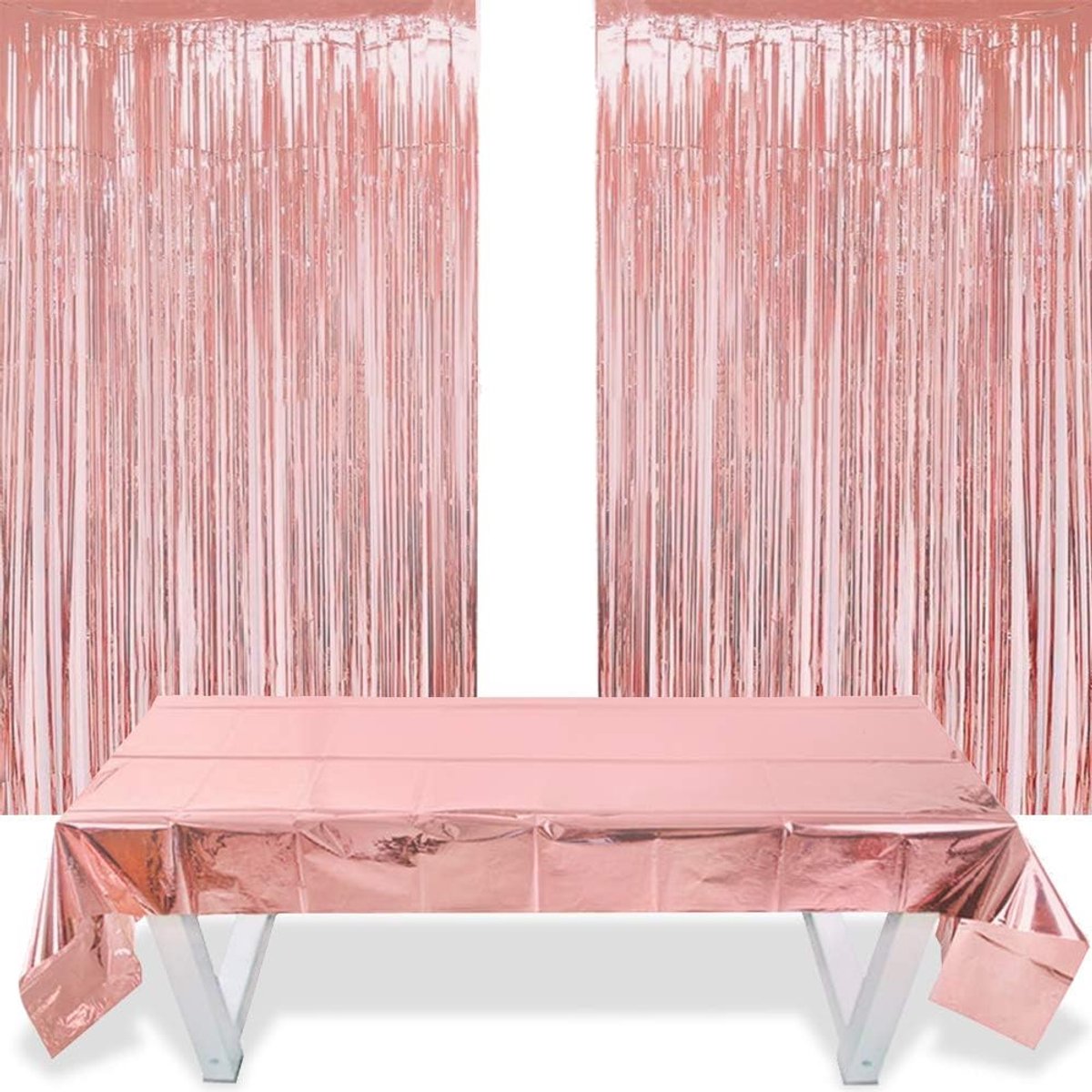 roségouden gordijnen (1 x 2 m) + tafelkleed (1,37 x 2,74 m), vrijgezellenfeest, roségoud, feestgordijn, glitter, folie, franjegordijn voor verjaardag, vrijgezellenfeest, vrouwen, meisjes,