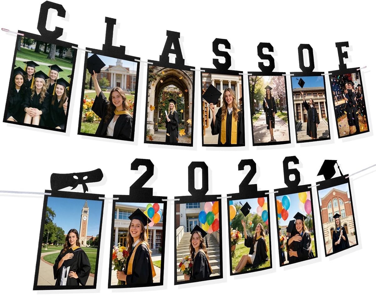 Afstudeerdecoratie, Banner voor Studentenfeest 2026, Fotobanner voor 13 Foto's, Inclusief Zelfklevende Pads en Rijggereedschap, Geschikt voor Binnen en Buiten, Zwart en Feestelijk