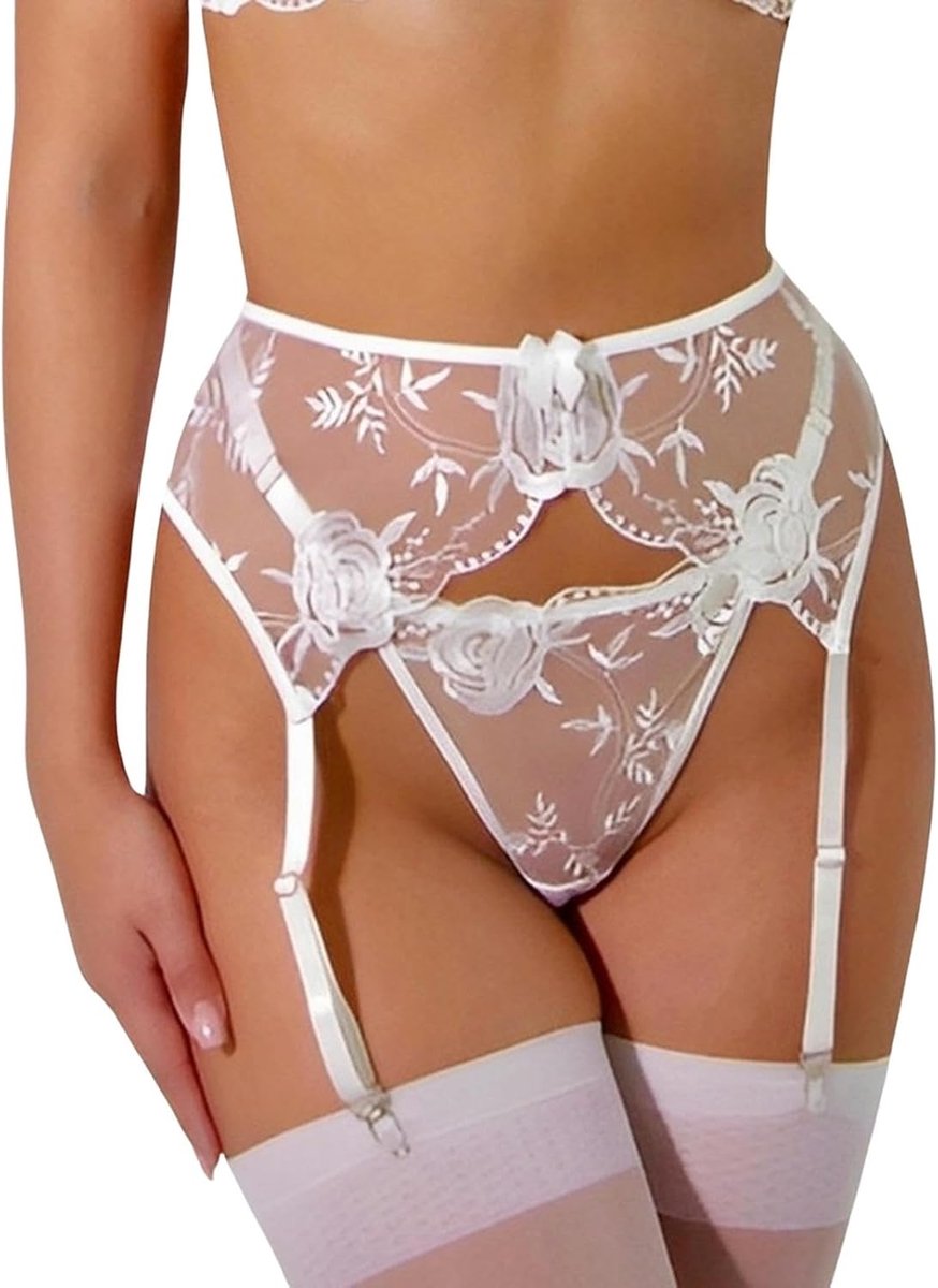 Kousenhouders voor dames, sexy kant, transparant, met tanga, dessous, bloemenpatroon, 4 verstelbare clips, sokken, ondergoed, kousenbanden, hoge taille, 2 stuks slipjes, clubwear, metaal