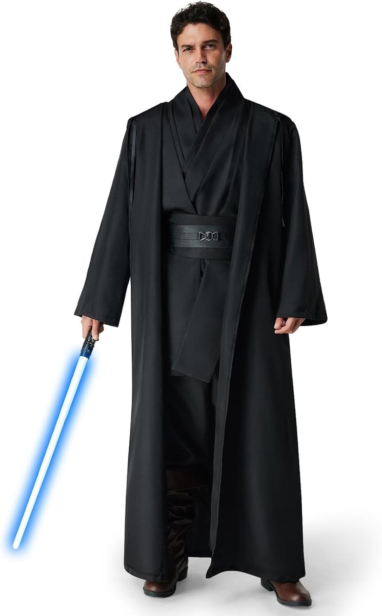Jedi-kostuum voor heren, middeleeuwse Jedi-jurk voor heren, Jedi-kostuum met capuchon voor heren met blauw laserzwaard, cape en middeleeuwse tuniek voor Halloween, carnaval