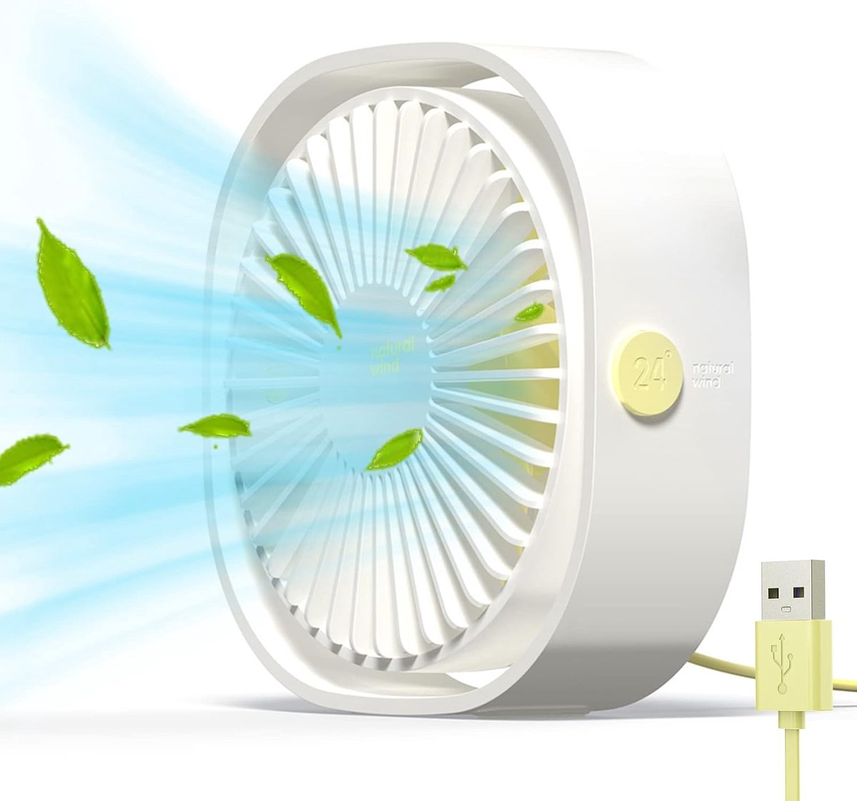 USB-ventilator, draagbaar, stil, 3 snelheden, verstelbaar, stroomvoorziening via USB, voor thuis en op kantoor (wit) | Bureauventilator met 3 snelheden, 360 graden draaibaar, voor kantoor, camping, picknick, uitstapjes, wit
