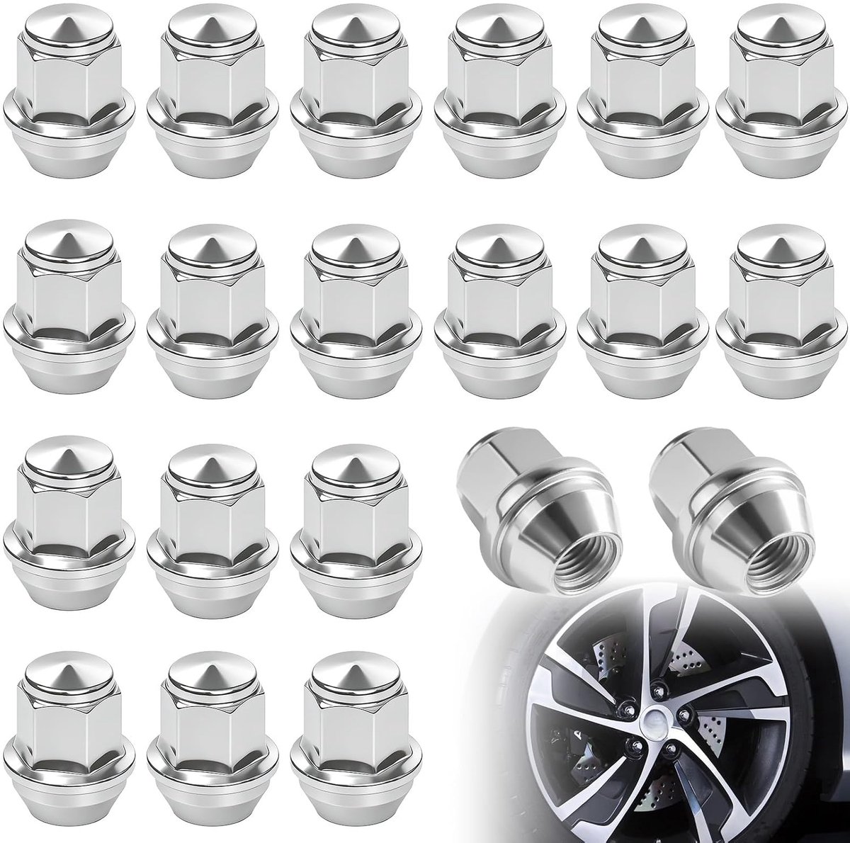 Moeren, OEM Factory Style wielmoeren voor de meeste Ford, chroom gesloten einde wielmoeren, eendelige chroom Bulge Acorn Seat wielmoeren (M12x1,5, zilver)