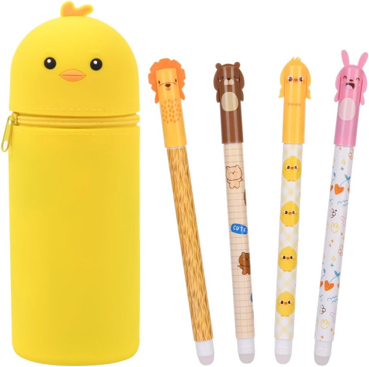 Gelpennen, Schattig Dierenpatroon, Verticaal Siliconen Etui Pennenhouder, Schrijfwarenset voor Meisjes en Jongens Cadeau School Kantoorbenodigdheden (Kip)