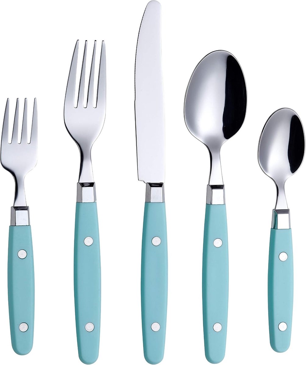Silverware Set van 20 Stukken Roestvrij Staal Kleur Handvat Met Rivet/Retro Stijl Flatware (Turquoise, 20 Pieces)