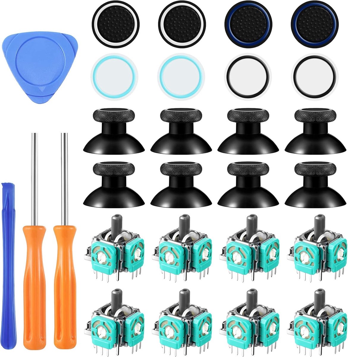 Set van 28 siliconen reparatiedoppen voor joystickhendel, compatibel met Xbox One, T6 T8 sterschroevendraaier, 8 3D-joysticks, 8 hefboomdoppen, 8 afdekkingen