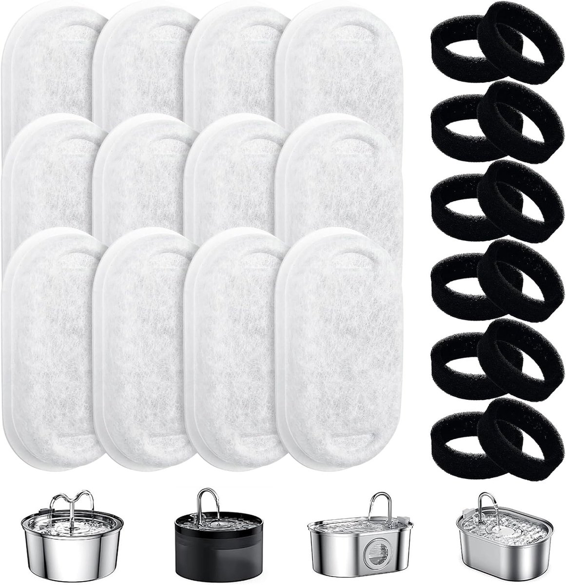 Filter voor waterfontein, kat, 12 stuks filters + 12 stuks waterfonteinsponzen, vervangingsfilter, filterhaar, geactiveerde koolstof, drielaags filtersysteem