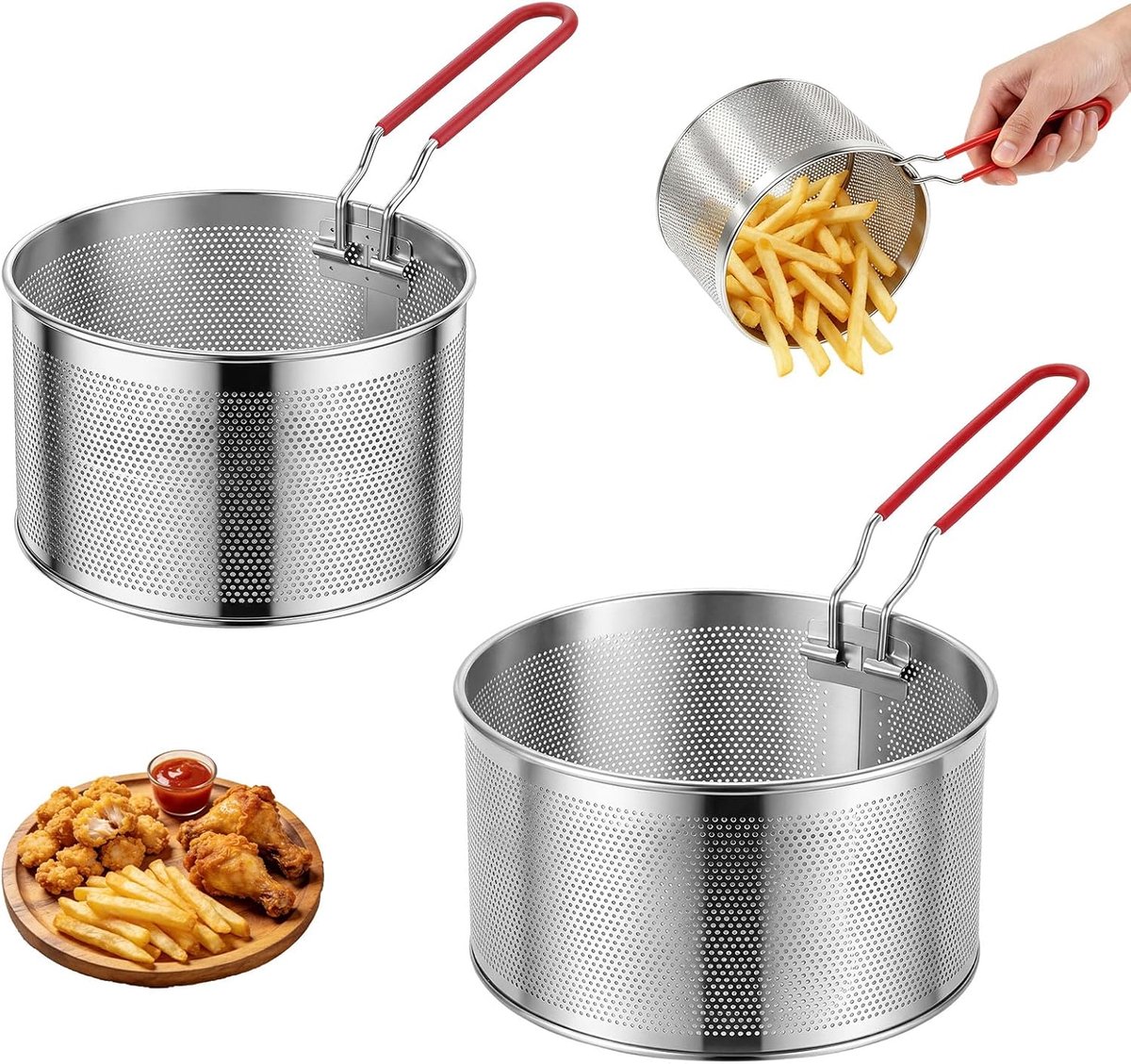 Set van 2 roestvrijstalen frituurmanden voor steelpan - Frituurmand met afneembaar handvat - Roestvrijstalen pastazeef (18 cm, 20 cm)