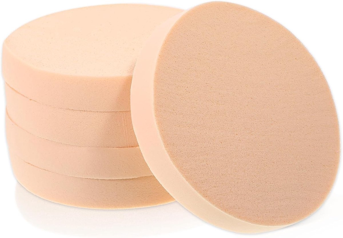 Set van 5 ronde make-up sponsjes in Beige voor foundation, vloeibare en poeder make-up, ideaal voor een egale huid en professionele afwerking