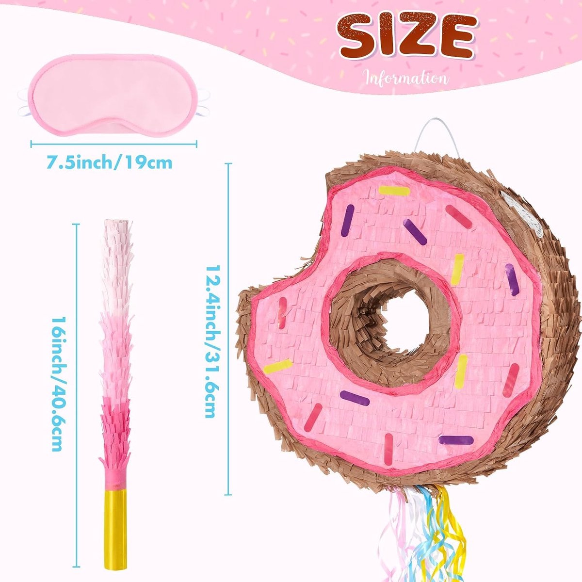 Donut piñata - verjaardagsdecoratie piñata meisjes kinderen roze donut piñata met stok blinddoek trekkoord verjaardagsfeestje piñata decoratie grappige zomer partyspellen dessert decoratie