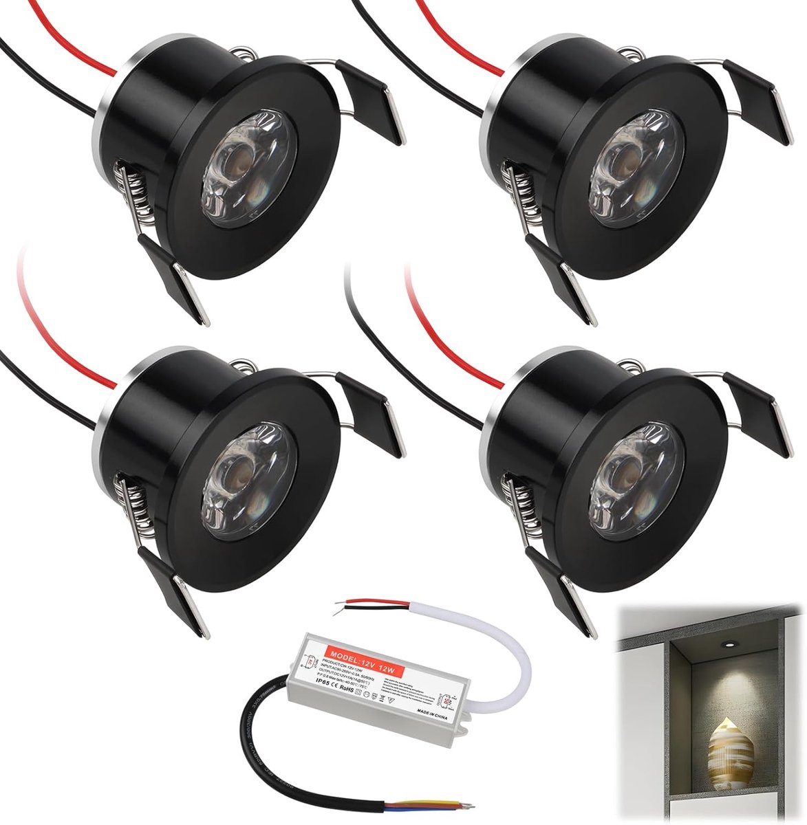 Inbouwspots 12V 2W Mini Spots Warmwit, Plafondspots IP65 Waterdicht Ø 25-28mm, LED Inbouwverlichting voor Badkamertrappen en Slaapkamer met 230V Transformator – Set van 4 (Zwart, Warmwit 3000K)