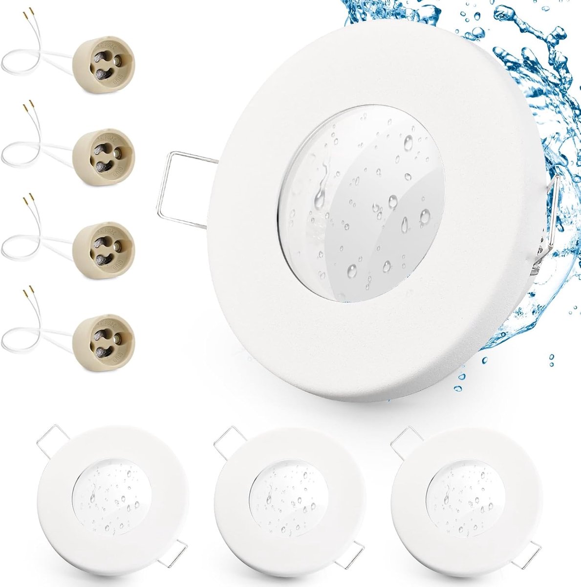 4 x Led-inbouwspot IP65 inclusief GU10 houder, draaibaar LED-spot, ijzer, mat wit, badkamer inbouwrames, rond vlak, inbouwspots, gatmaat 68 mm voor buiten - binnengebieden.