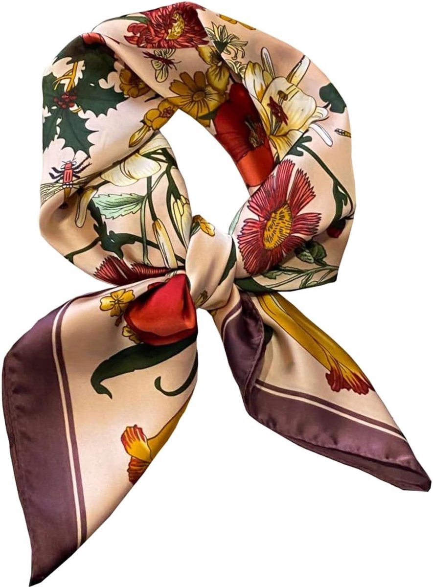 Damessjaal van kunstzijde, bloemenprint, elegant accessoire, vierkant, 70 x 70 cm